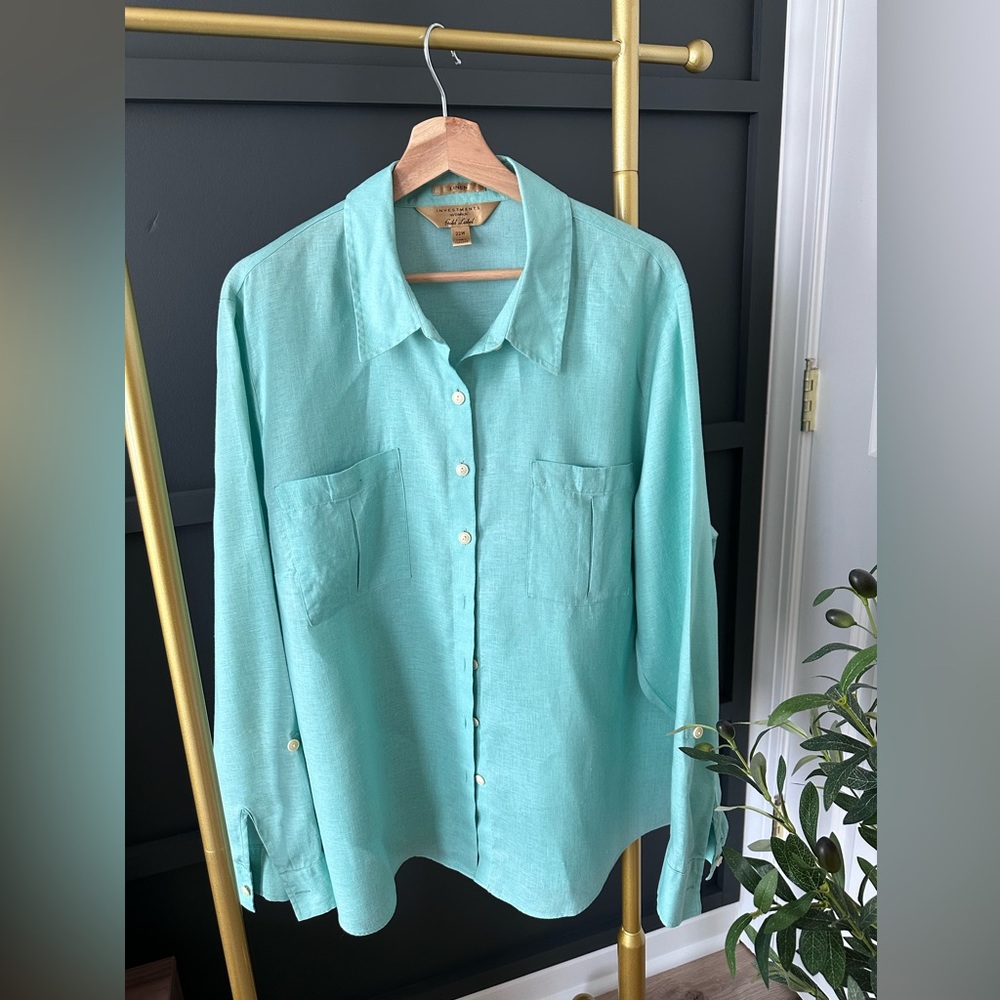 100% Linen Investments Woman Gold
Label Mint Green Shirt Size 22W
